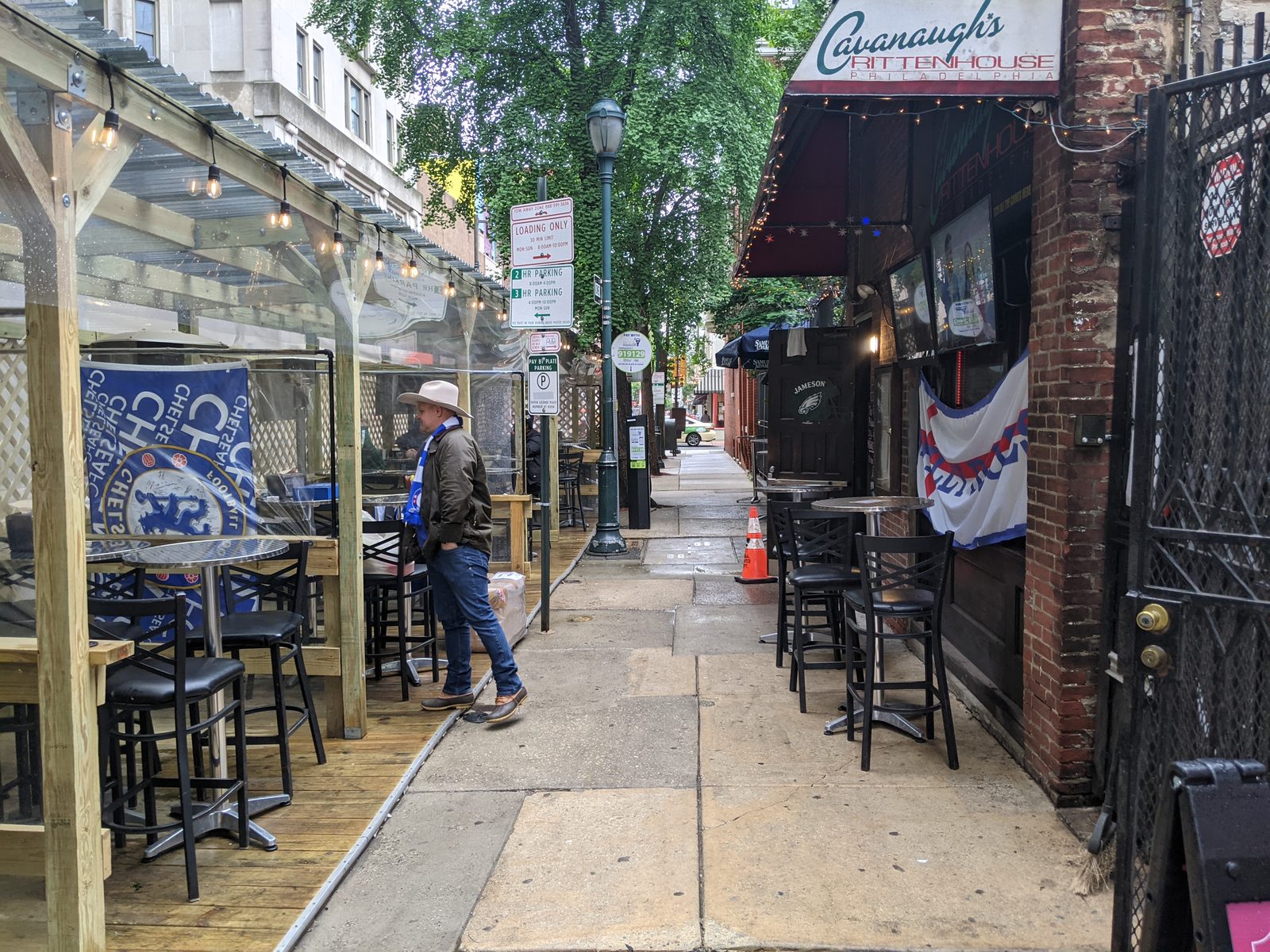 The old Cavanaugh's Rittenhouse awning seen from the sidewalk, May 2021